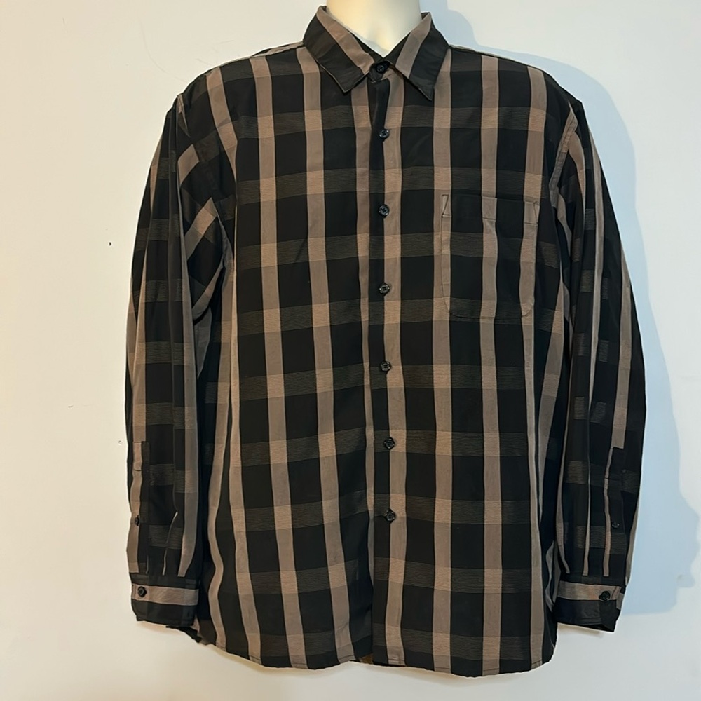 GEORGE SUEDED BUTTON DOWN SHIRT BROWN TAN SQUARE PATTERN